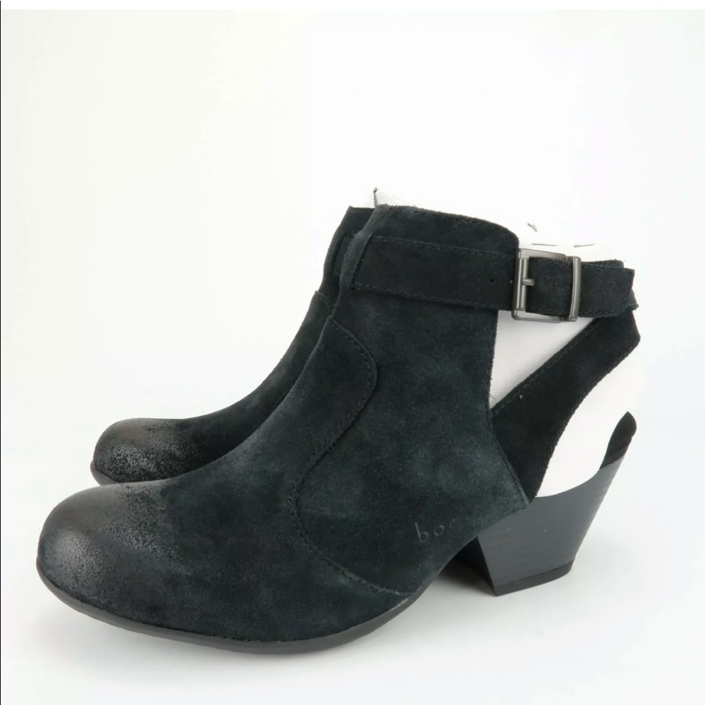 Boc Open Strap Back Ankle Bootie Heel Waxed Suede